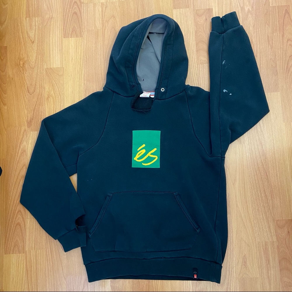 Vintage Es Men’s Box Logo Distressed Hooded Sweatshirt Small